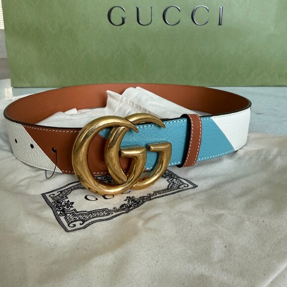 Gucci Calfskin Leather Belt Unisex GG Marmont 85cm Gold Double G 400593 - Picture 4 of 14